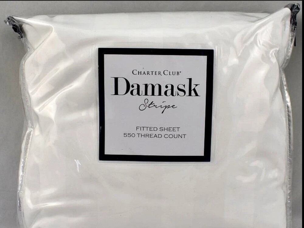 Charter Club Damask Stripe 550 Thread Count KING Fitted Sheet White